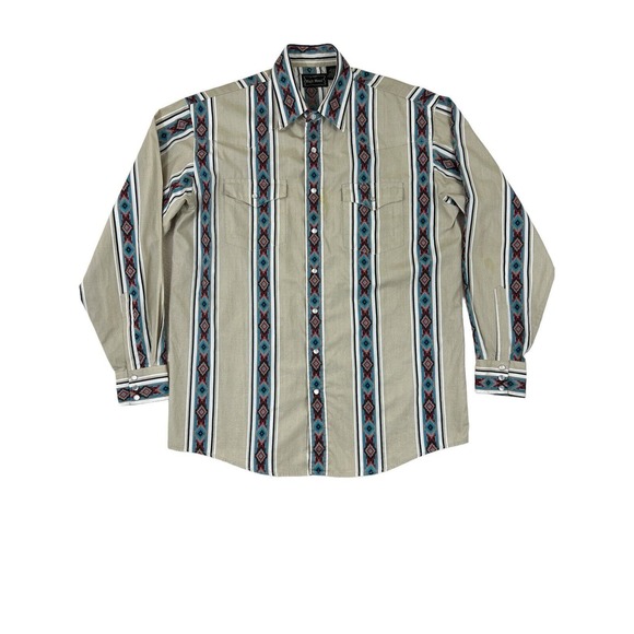 VTG High Noon Men Tan Long Sleeve Pearl Snap Shirt Sz L‎ Aztec Print - Picture 1 of 6